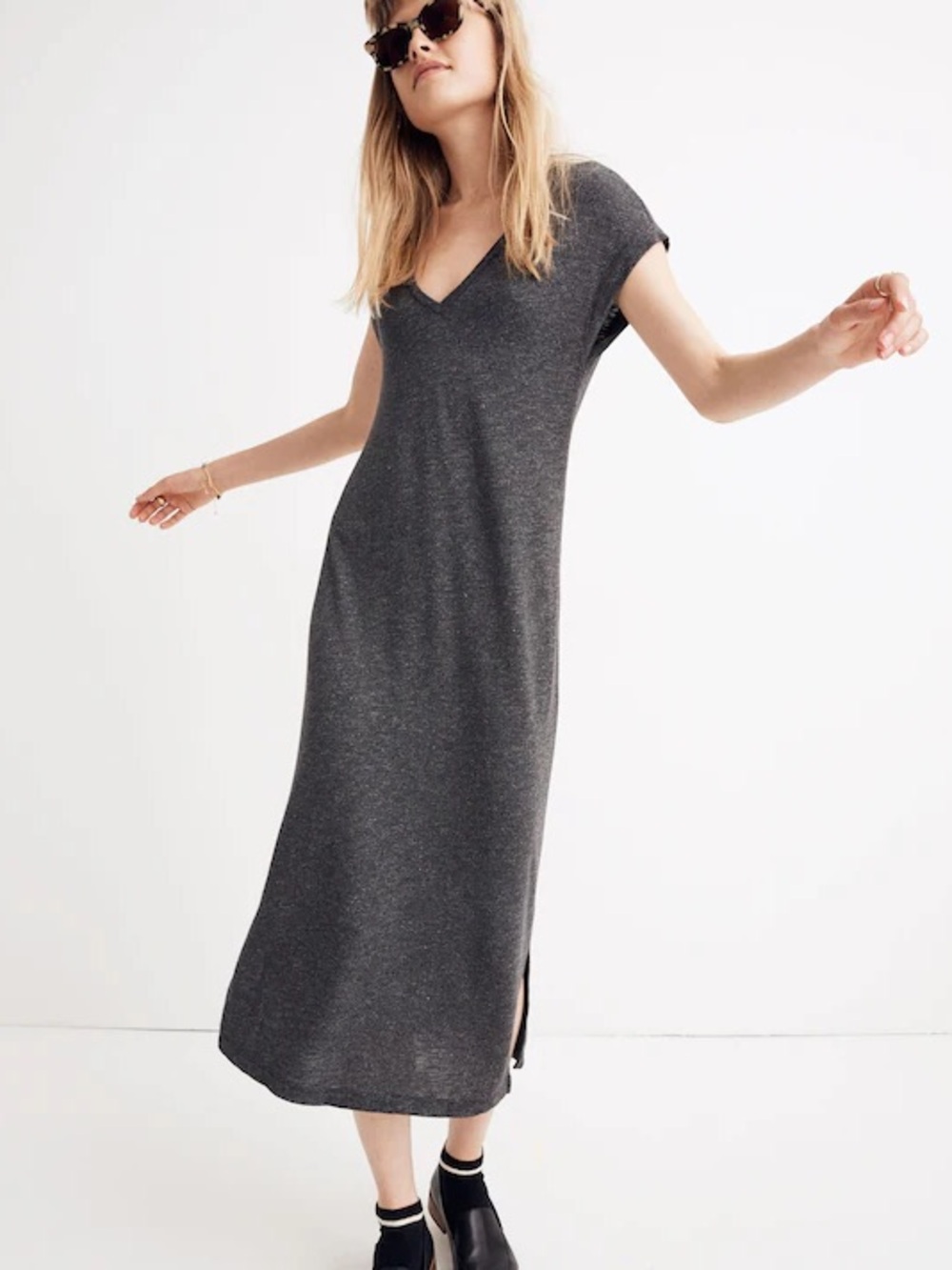 Madewell Black V Neck Midi Dress XS Short Sleeve Tee Dress Casual Minimalist